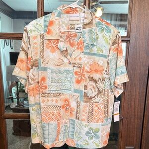 Alfred Dunner Treasure Cay Tropical Patchwork Button Down Shirt Multi 16W NWT